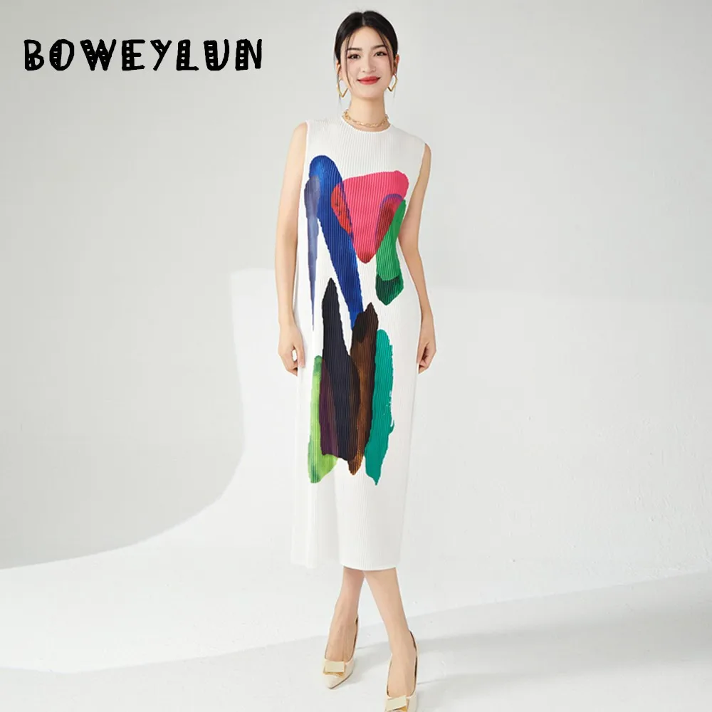

Women's Dresses 2026 Summer Printed Sleeveless Loose Mid‑Length Fashion Pleated Long Dress Women