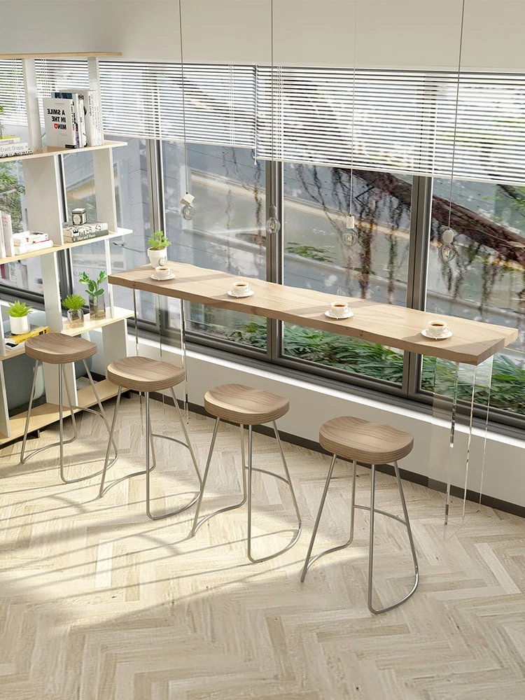 

Acrylic solid wood bar table is simple and modern, household suspended transparent high-footed table against the wall