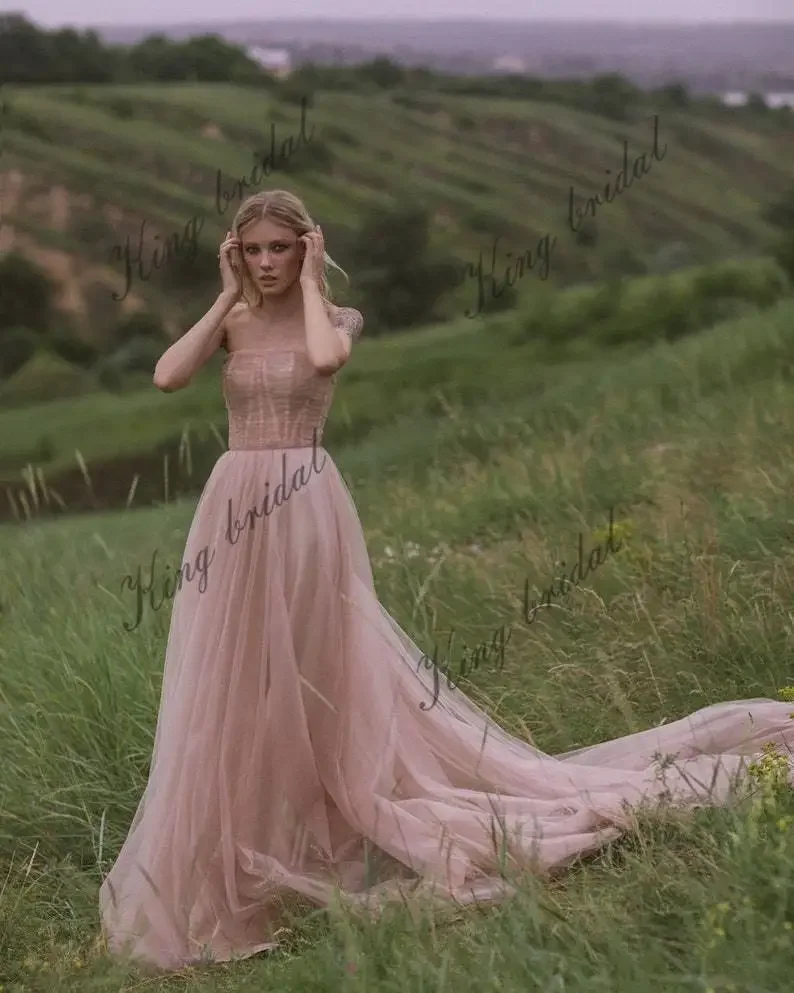 تول فستان الزفاف ثوب حزب فساتين فستان زفاف بسيط أحمر الخدود مشد فستان الزفاف ألف خط ثوب زفاف رومانسي