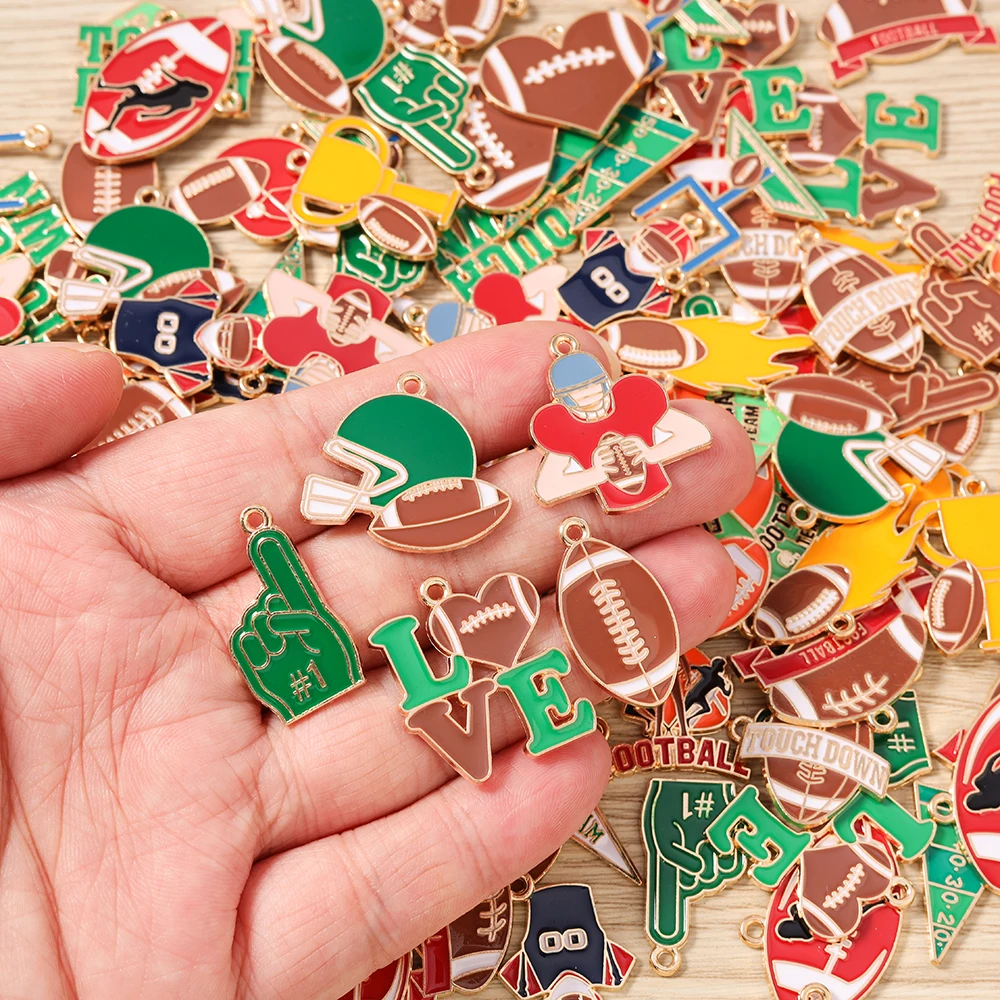 Tusember 10pcs Cute Love Sports Charms Enamel Rugby Helmet Football Pendants for Jewelry Making Earrings Necklaces DIY Crafts