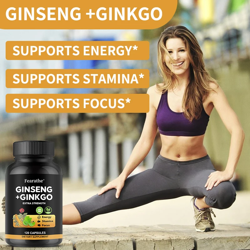 Korean Ginseng+ Ginkgo, 120 Veggie Caps, Ginseng Root Extract 1650mg (10% Ginsenosides) + Ginkgo, Energy & Focus for Men & Women