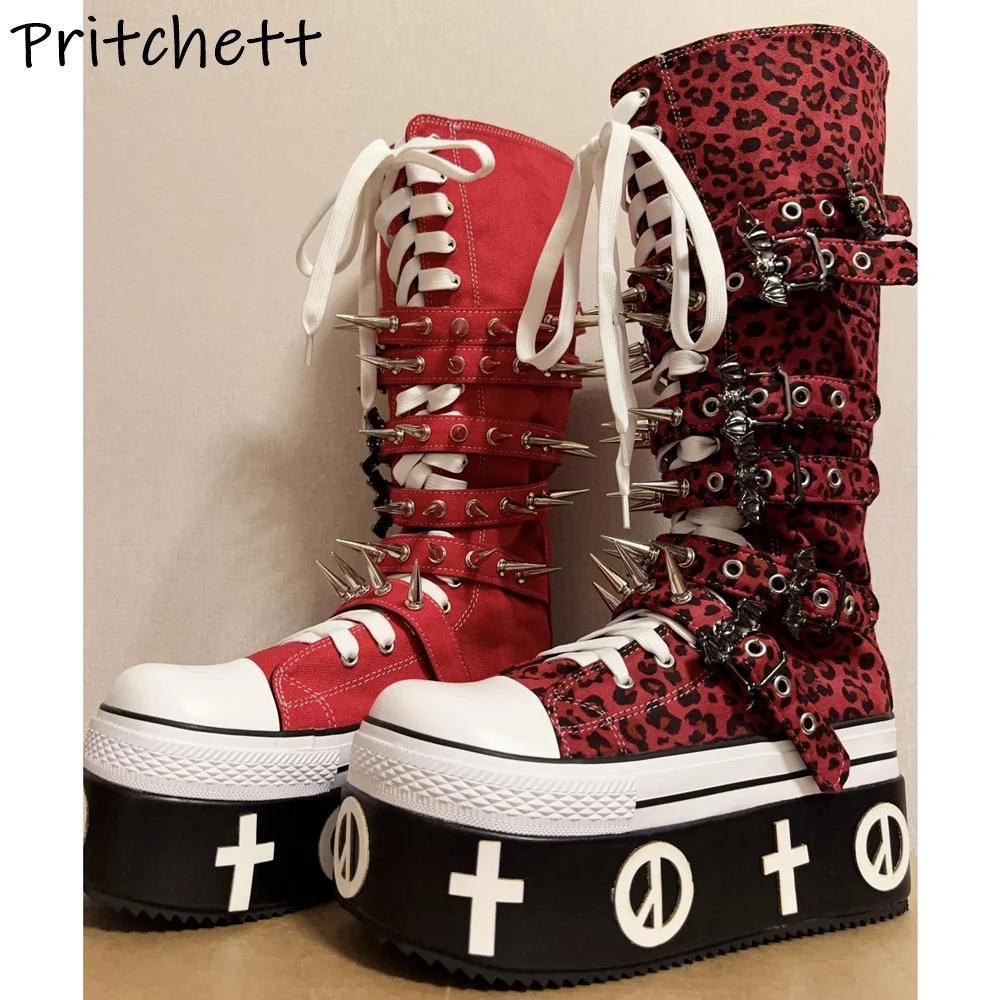 Red Rivet Platform Knee High Boots Cross Tied Lace Up Thick Soled Canvas Sewing Buckle Belt Shoes Women's Winter Punk Sexy Shoes