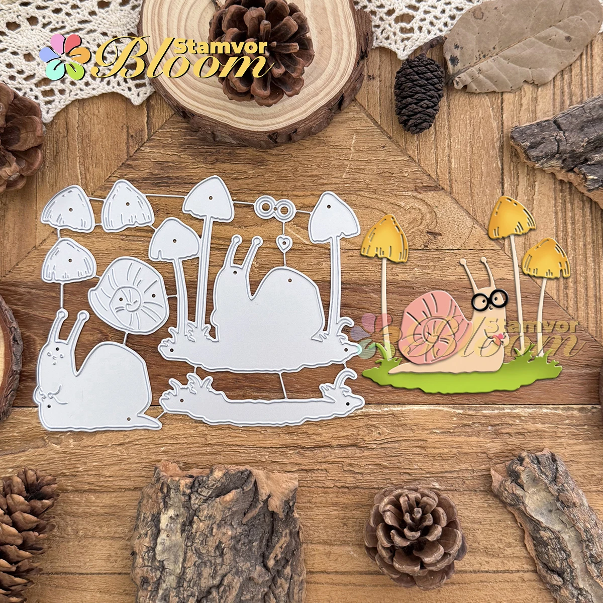 Original schöne Schnecke mit Waldpilzen auf Glas, Metall-Stanzformen, Scrapbooking, dekorative Prägung