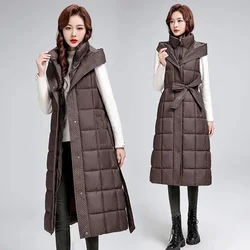 Down Cotton Vest Women Autumn Winter Coat 2024 New Hooded Long Sleeveless Jacket Waistcoat Female Tops Outerwear Chaleco Mujer