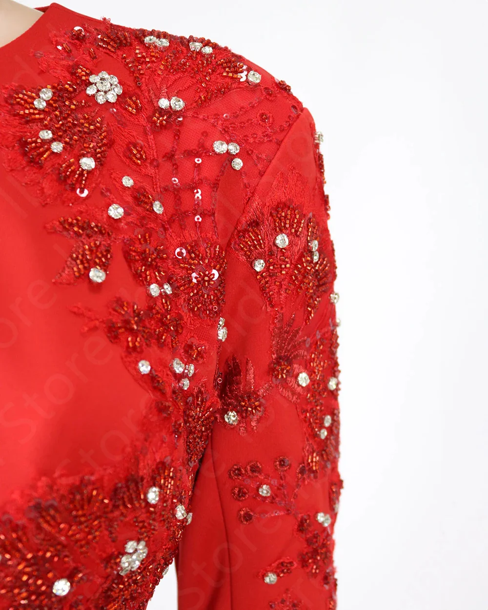 Customized On Sale Red Evening Dresses Mermaid Arabic Prom Gowns Long Sleeves Beading Sequined Wedding Guest Dresses Middle East