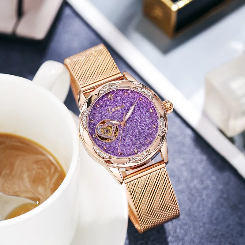 Stainless Steel New Starry Sky Series Heart Skeleton Luminous Waterproof Self-Wind Automatic Watch for Women