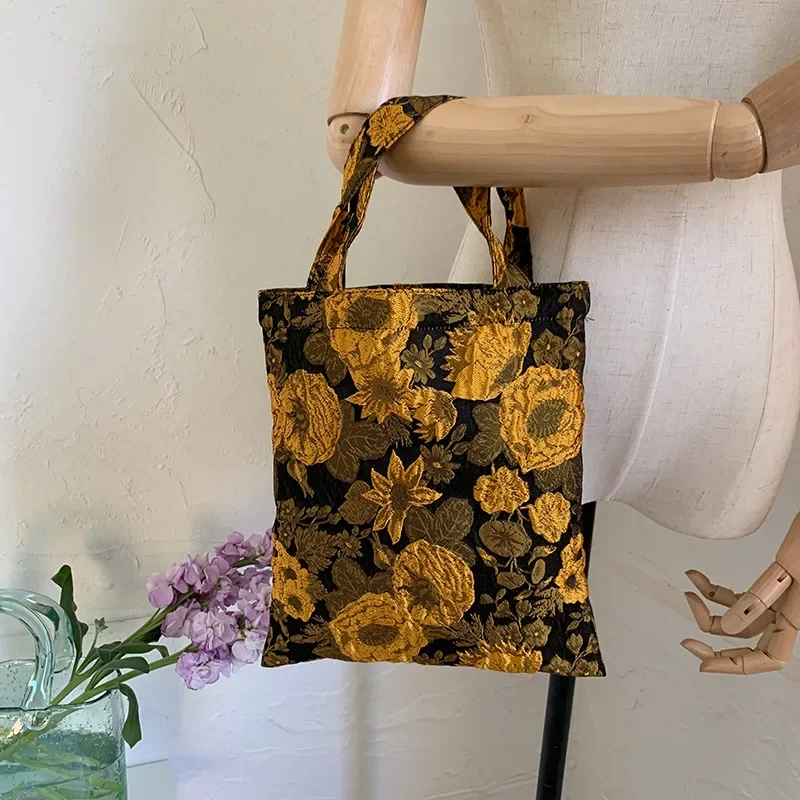 Vintage Cloth Women Small Handbags Jacquard Fabric Ladies Mini Top Handle Tote Bag Fashion Flower Female Evening Clutch Purse