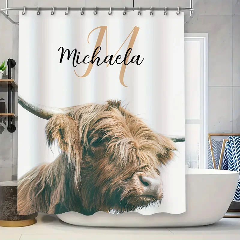 

Персонализированная занавеска для душа с настраиваемым именем и приятной головой коровы, роскошный предмет домашнего декора для ванной комнаты