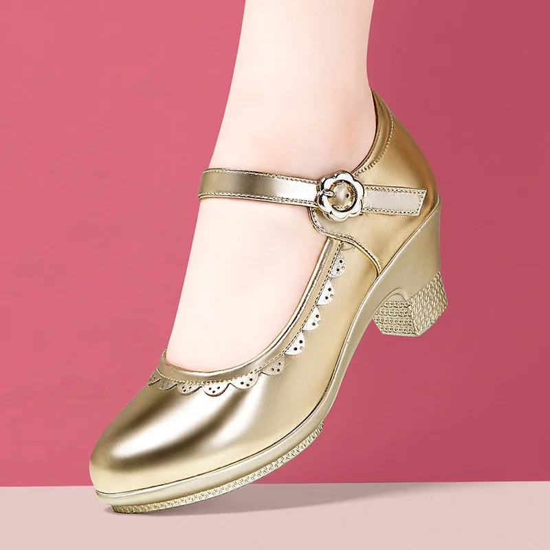 5.5cm 7cm Shallow Mouth Women\'s Soft Leather Mary Janes Platform Shoes 2026 Spring Med Block Heels Shoes for Office Dance Mom