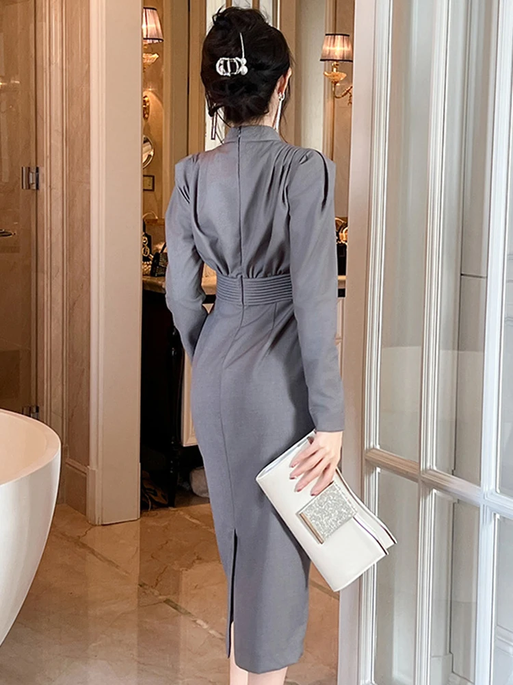 Spring Autumn Solid Formal Work Style Long Wrap Hip Dress Women Elegant  Office Commute Puff Sleeve Slim Midi Robe Mujer Vestidos - AliExpress  200000345