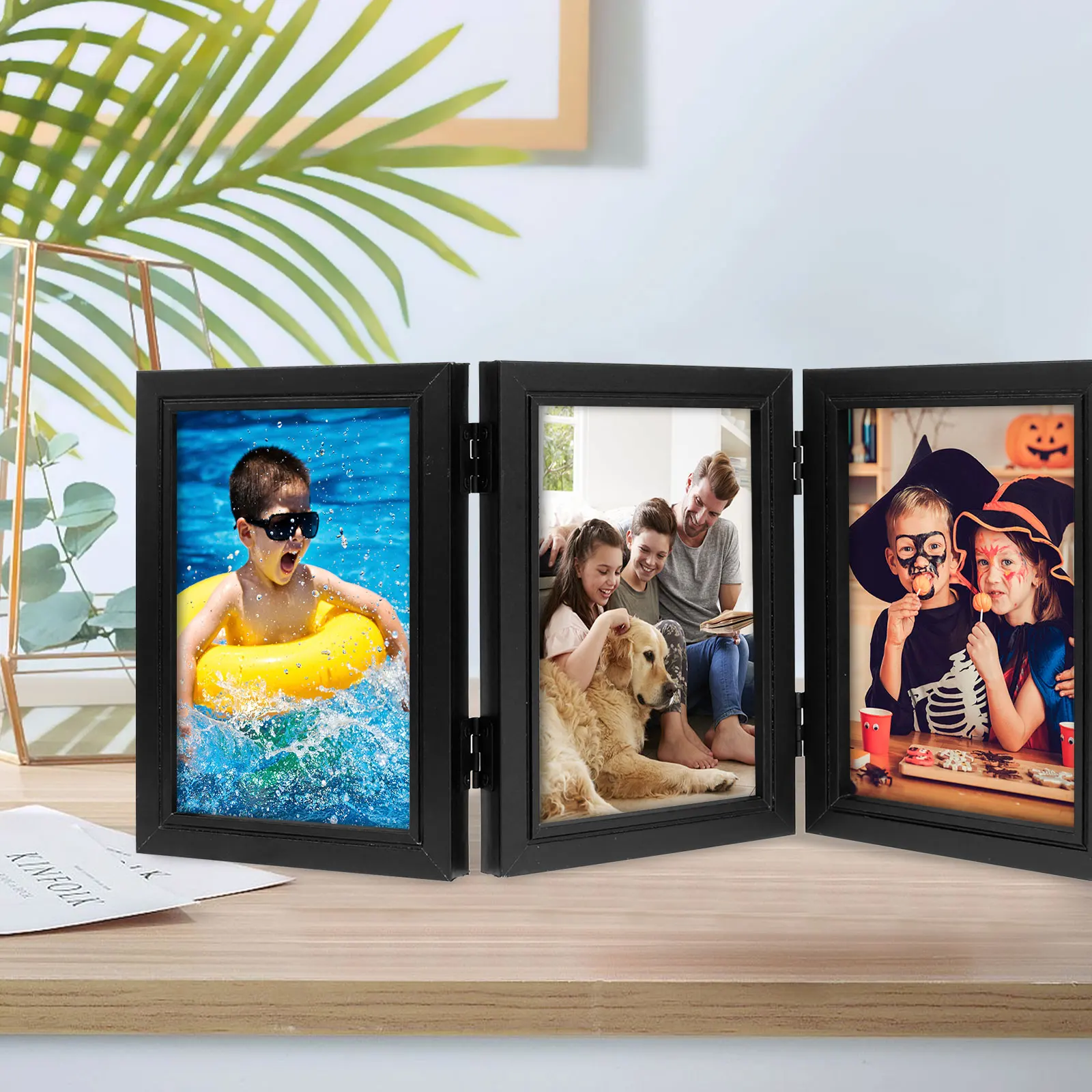 Double/Triple Photo Frame 180° Foldable Hinged Picture Frame Stand with Glass Front Black Photo Frame for Desktop Birthday Gifts