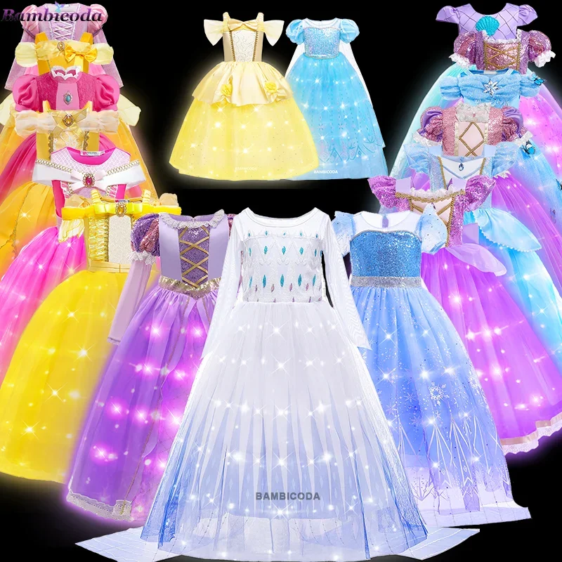 Girls LED Light Up Dress Belle Princess Rapunzel  Costume Princess Ariel Clothes Cosplay Snow Queen Halloween Luminous Prom Gown