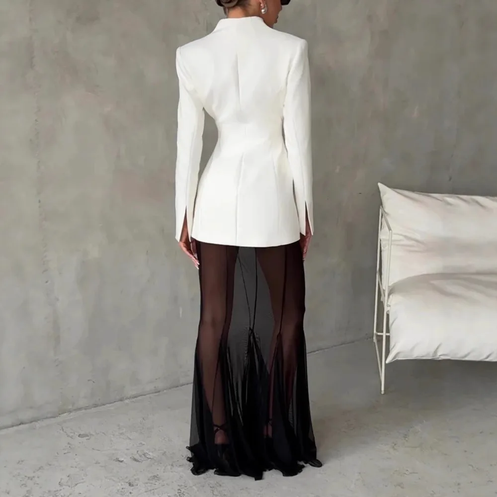 Lady Cloth Women's Solid Color Mesh Sheer Base Skirt + Long Sleeve Lapel. Suit Dress Elegant Sexy Robe Elegant Party