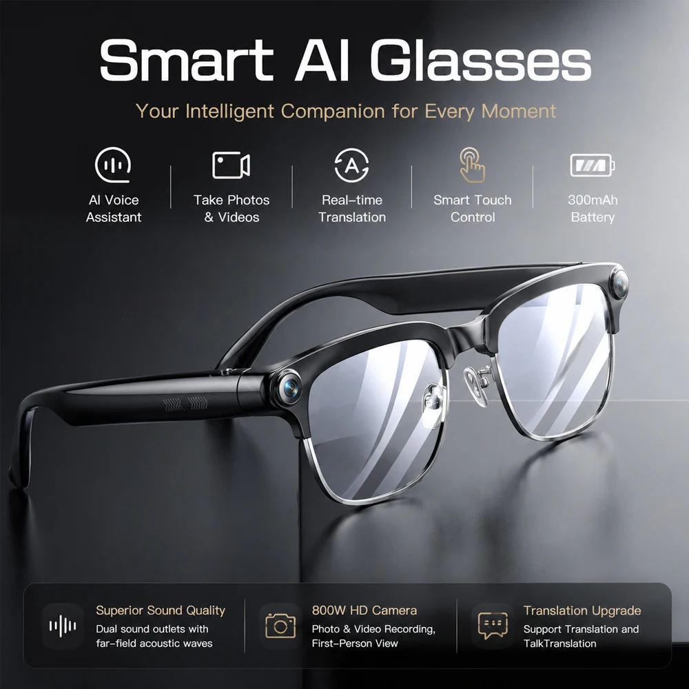 

2026 Fashion Smart Glasses 800W HD Camera Video Recording AI Voice Assistant Real-time Translation Dual Speakers Sunglasses
