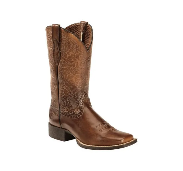 Men's Brown Leather Cowboy Boots Turquoise Pattern Embroidery Square Toe Low Heel Western Footwear for Casual Outdoor Country