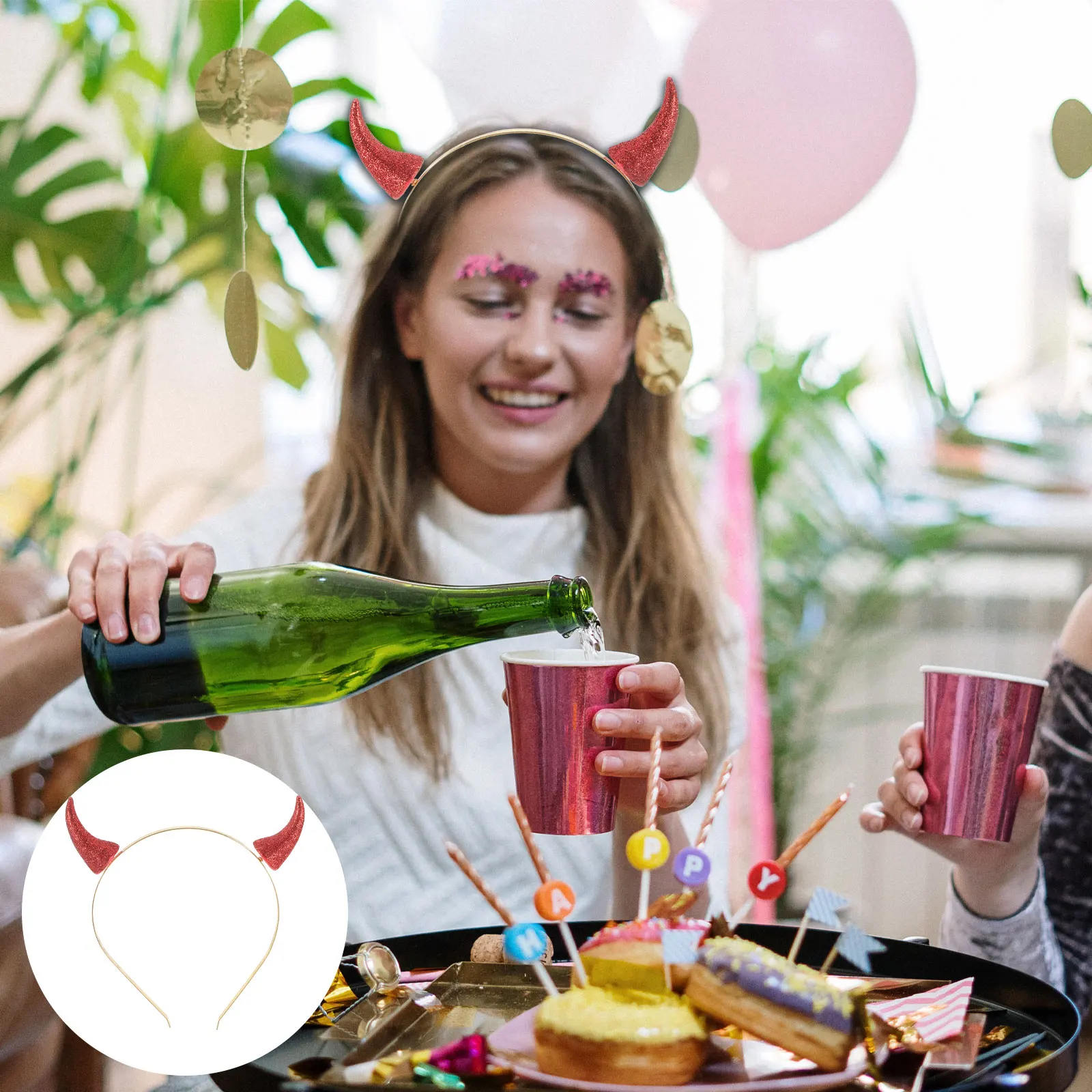 

4Pcs Red Ox Horn Headband Gold Glitter Creative Unisex Cattle Horn Party Hair Accessories for Cosplay Birthday Christmas