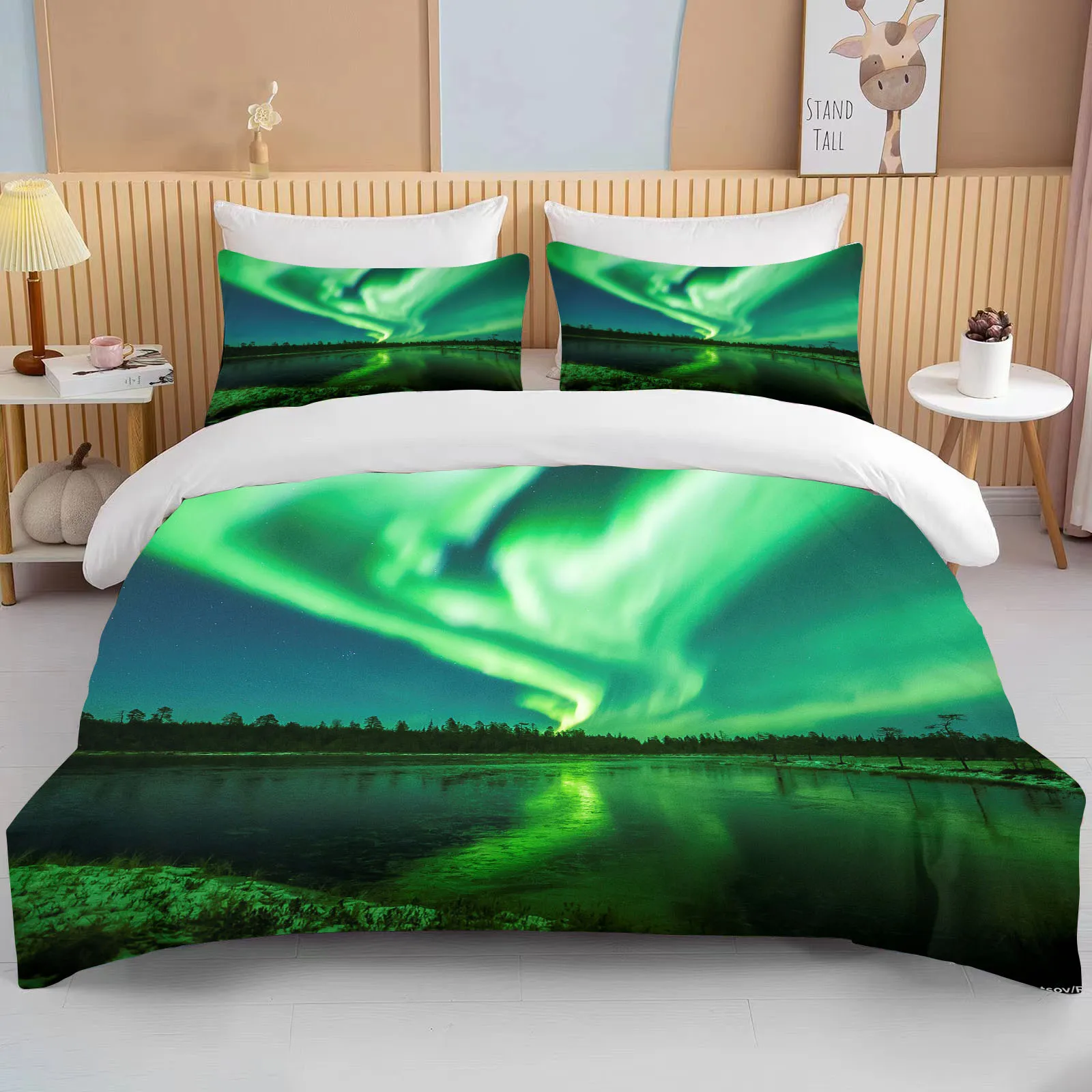 10 sizes Aurora Borealis View Bedding Set Duvet Cover Bed Set Quilt Cover Pillowcase King Queen Size Bedding Set Adult