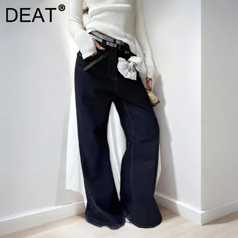 DEAT 2024 Winter New Items Fashion Silk Double Belt Lace Bow Wide Leg Jeans For Women Loose High Waist Denim Pants 11A02240