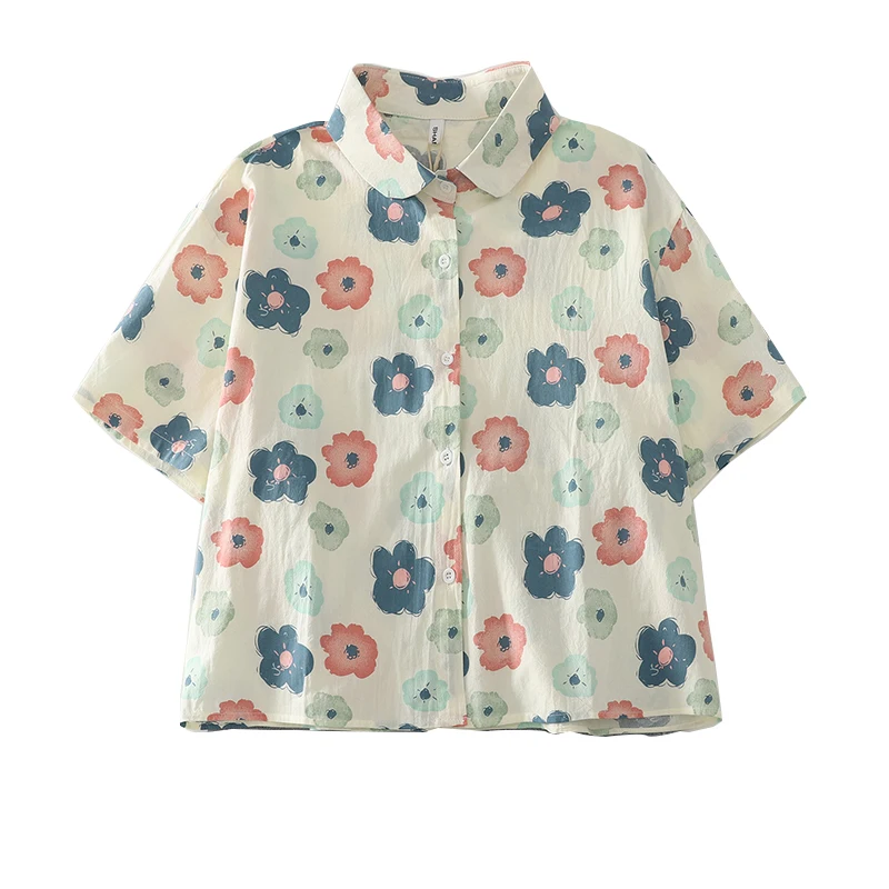 Floral Print Loose Fit f Sve irt Summer New Sle Cartoon Flower ort Sve Casual irt Fre Sle Cotton Blend W...