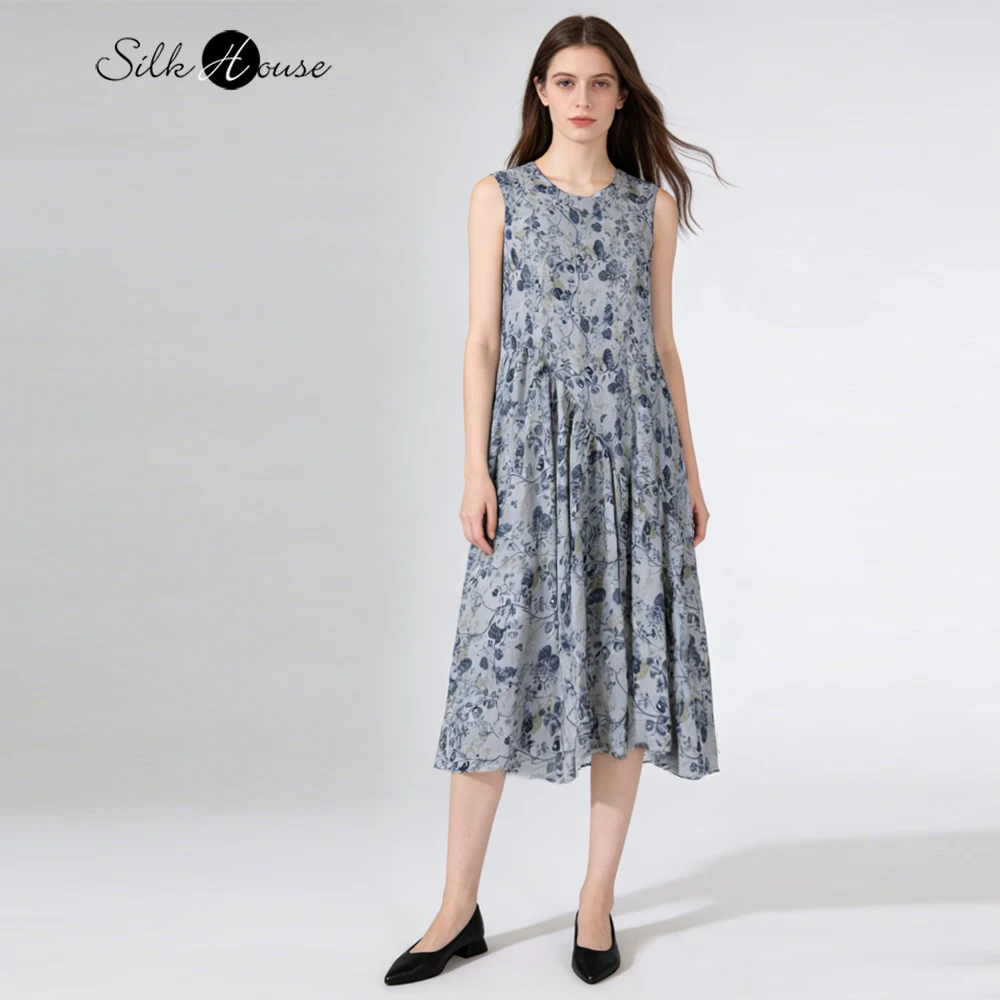 

2026 Women's Casual Summer New 100% Natural Mulberry Silk Crepe De Chine Irregular Large Swing Vacation Style Printed Vest Dress