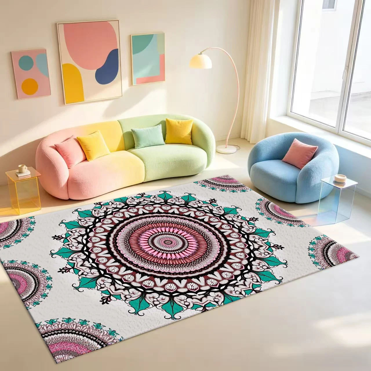 Pink Teal Ornate Mandala Medallion Pattern Carpet Flooring Bohemian Ethnic Style Area Rug For Home Indoor Floor Decor