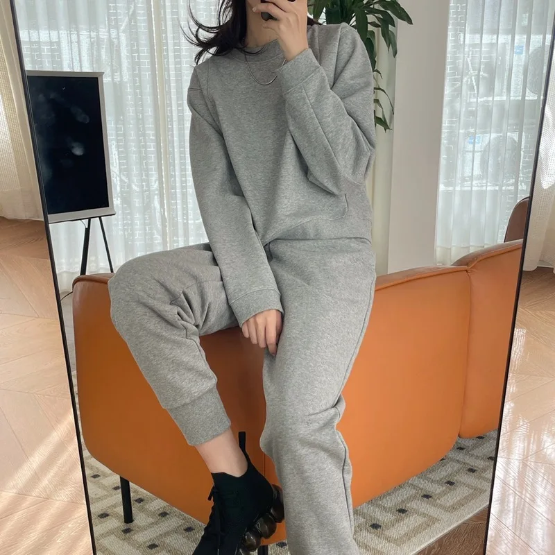 

Thin Sweater Cotton High Waist Pants Suit Women Clothing Nordic Style Stitching Embroidery Sports Round Neck Short Sweatshirt