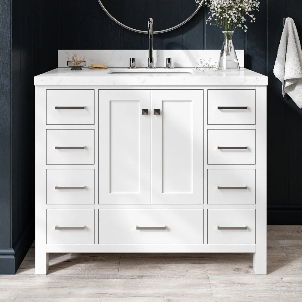 

42 Inch White Bathroom Vanity with Sink, Solid Wood, Carrara White Quartz Countertop, 1.5-Inch Edge, Modern Bathroom Cabinet