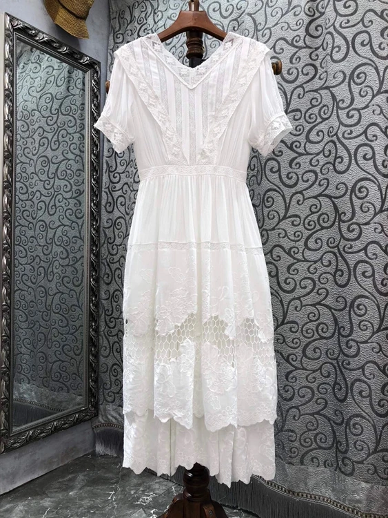 Imagem -03 - Gypsylady-vestido Midi Chique Bordado Floral para Mulheres Boho Vestidos em Camadas de Algodão Manga Puff Pura Sexy Holiday Branco Verão