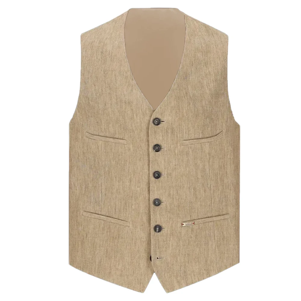 

V Neck Linen Men's Waistcoat Single Breasted Four Pockets Cusual Summer Men's Vest For Wedding