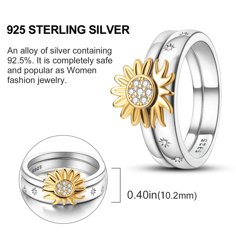 زوجين نمط 925 الفضة الاسترليني الساطع الزركون الشمس والقمر خاتم رومانسية تاريخ هدية مجوهرات #2