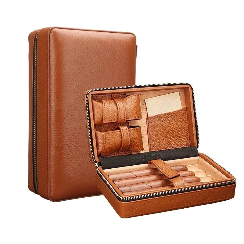 Cigar Box Genuine Leather Spanish Cedar Wooden Cigar Case Humidor Luxury Storage Accessories for Travel