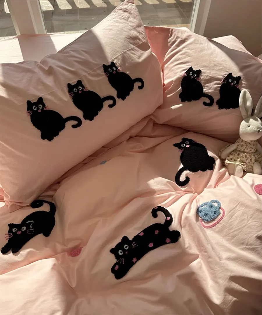 

Fashion sweet embroidery pink cat bedding set,twin full queen king kawaii cotton home textile bed sheet pillow case quilt cover