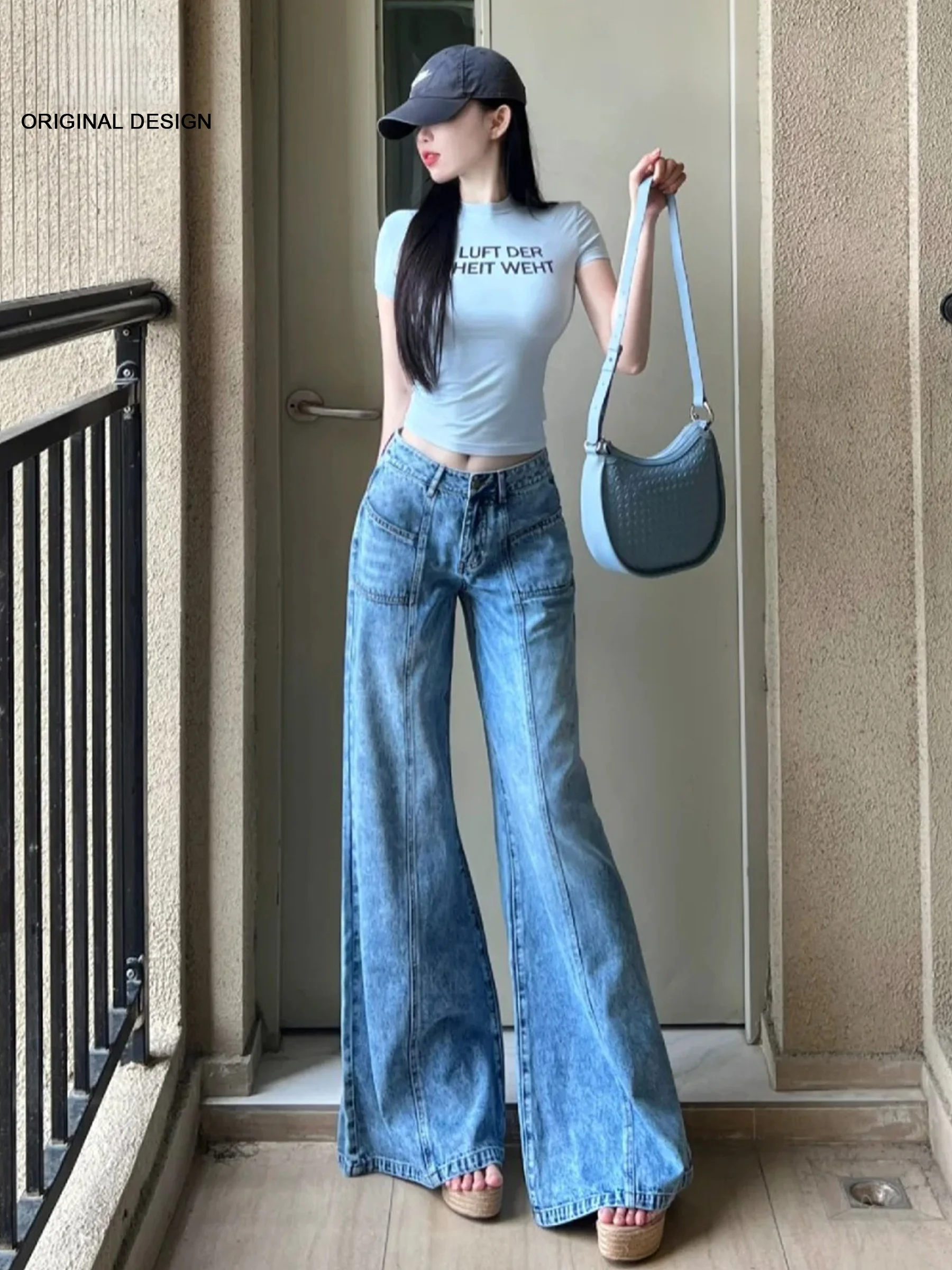 

American Style Low Waist Women's Jeans Spring New Arrival Snowflake Blue Wide Leg Pants Casual Loose Fit Comfortable Denim