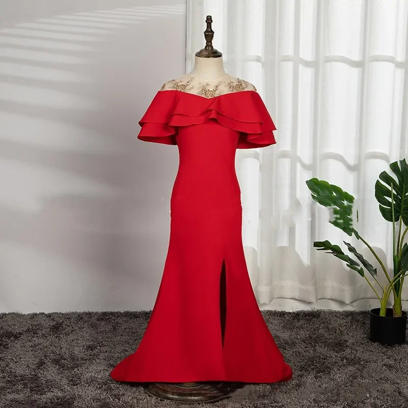 Elegant Gala Dress for Girls Kids Luxurious Red Mermaid Dresses for Host Teenage Girl Piano Performance Costume Kid Vestido
