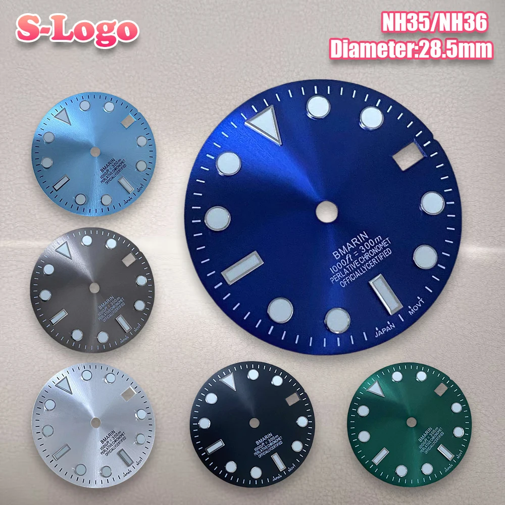 28.5mm S Logo SUB Dial Fit NH35/NH36/4R/7S Movement C3 Green Luminous Sunray Dial Watch Modification Accessories Repair tools