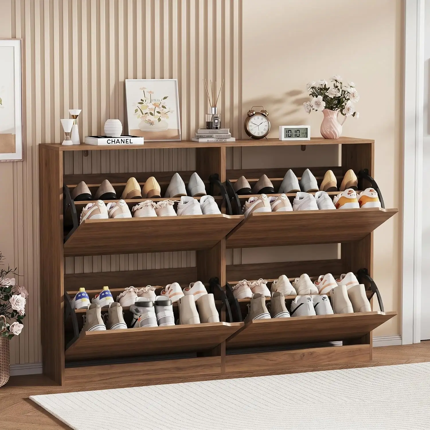 Walnut Shoe Storage Cabinet 4 Flip Drawers Entryway Organizer Wooden Slim Hallway Furniture, Customized