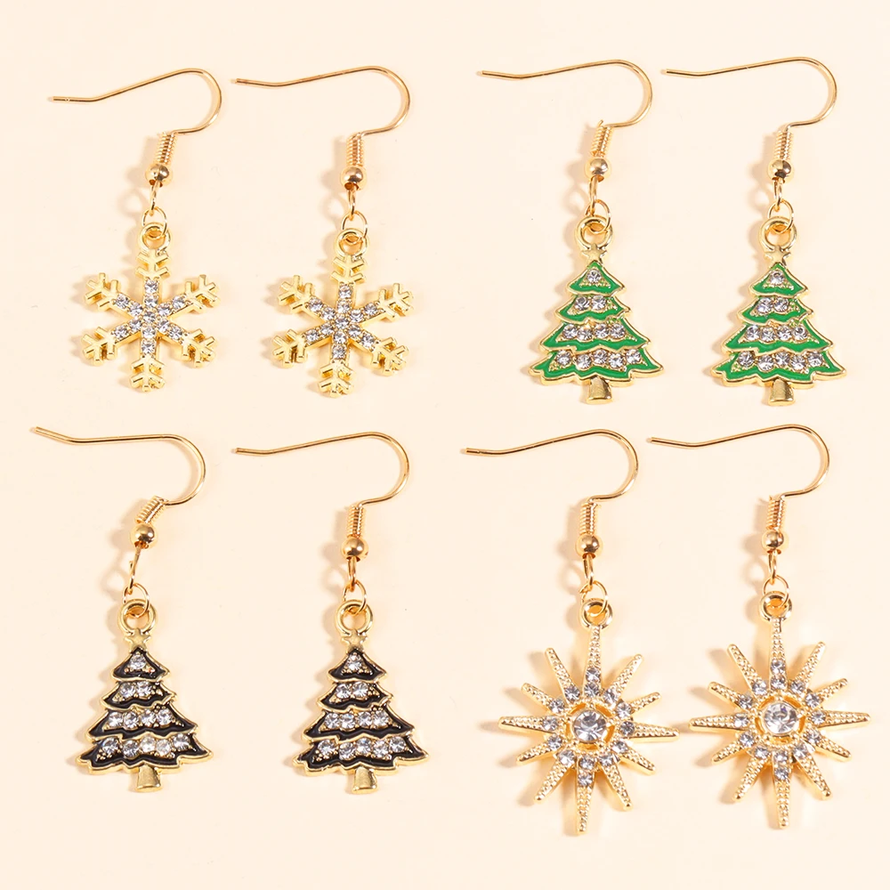 

Delicate Shiny Rhinestone Christmas Tree Snowflake Pendants Dangle Earrings DIY Xmas Jewelry Gifts Drop Earrings For Women Girls