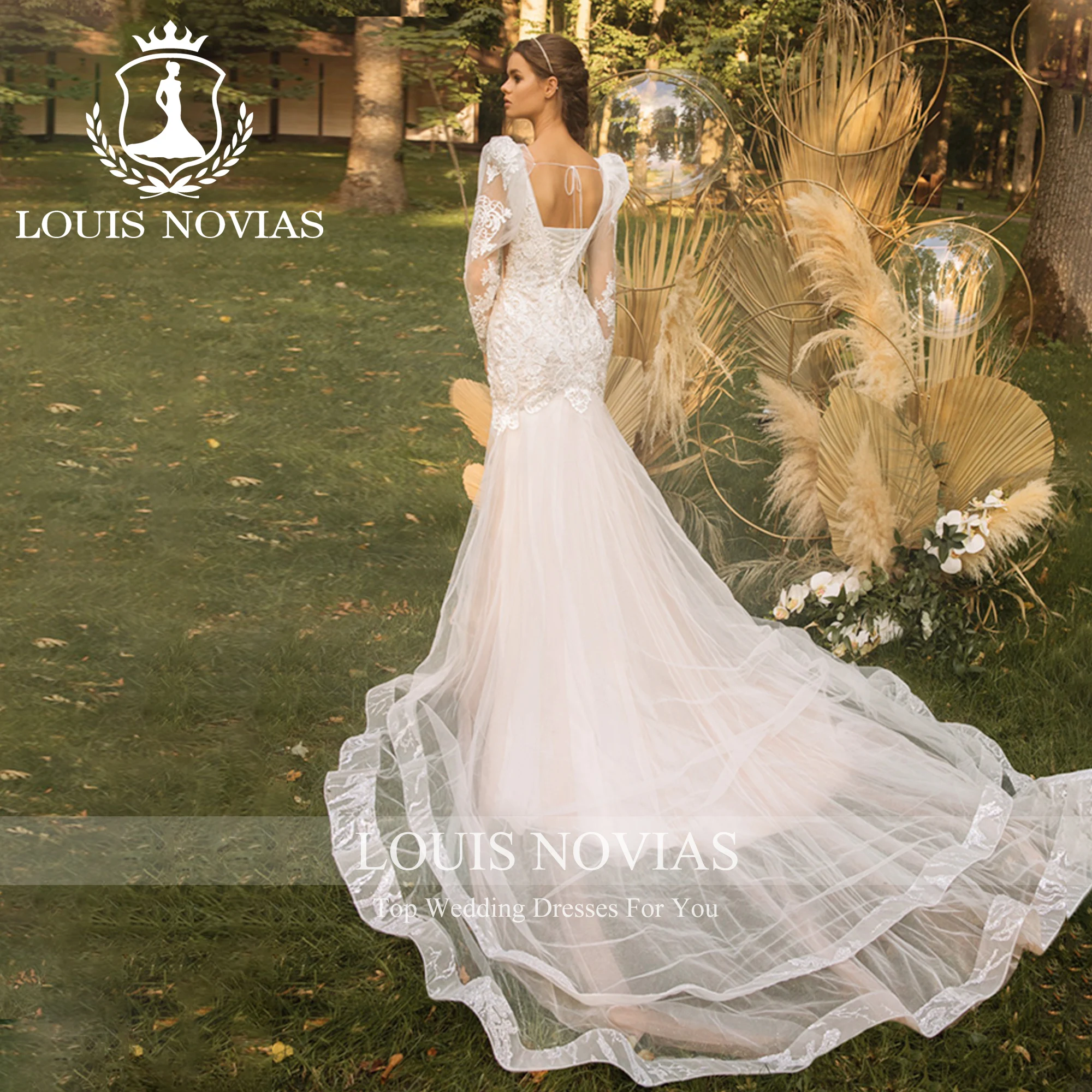 LOUIS NOVIAS 인어 웨딩 원피스, 분리형 긴팔, 2023 V-넥 자수, 샴페인 웨딩 가운