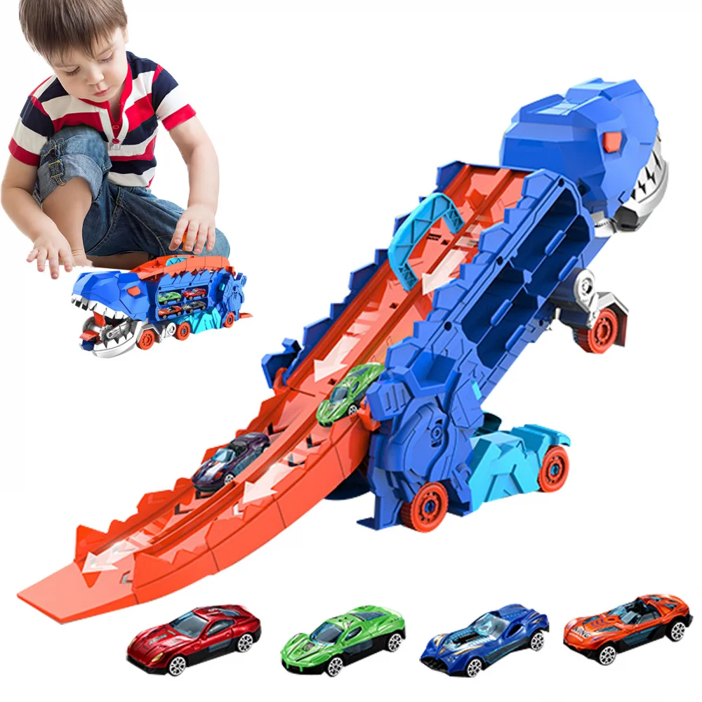 

Transformed Dinosaur Truck Toy Dinosaur Transporter with 4 Toy Vehicles Transforms Into Dino Track Car Toys Dinosaur Garage Toy