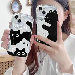 Cute Black Cat Phone Case For OPPO A17 A18 A16 A15 A38 A53 A9 A5 2020 A60 A55 A54 A57 A77 A96 A52 A92 A93 A94 A31 Wavy Cover
