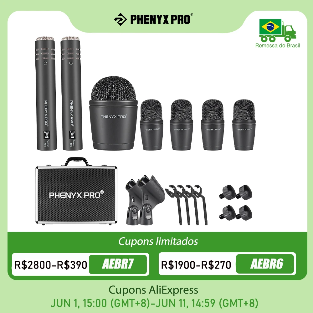 Phenyx kit pro-microfone para instrumento de bateria, todo metal, com fio, baixo, Tom, snare, Hi-hat, pratos, peça 7