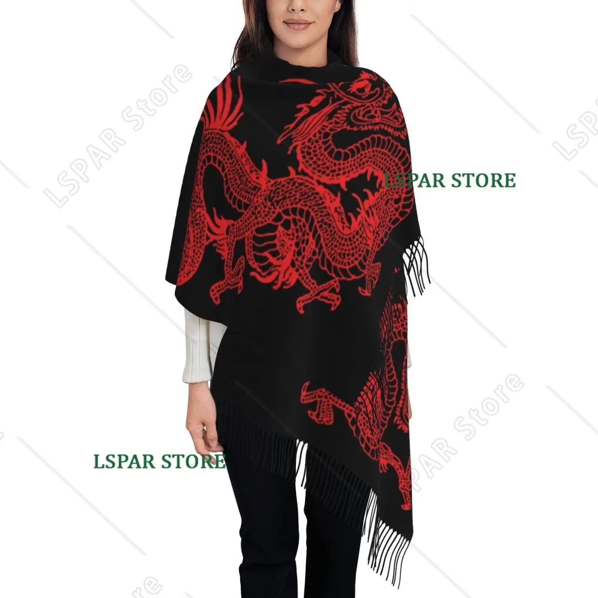 Custom Female Long Red Chinese Dragon Scarves Women Winter Soft Warm Tassel Shawl Wraps Asian Oriental Style Art Scarf