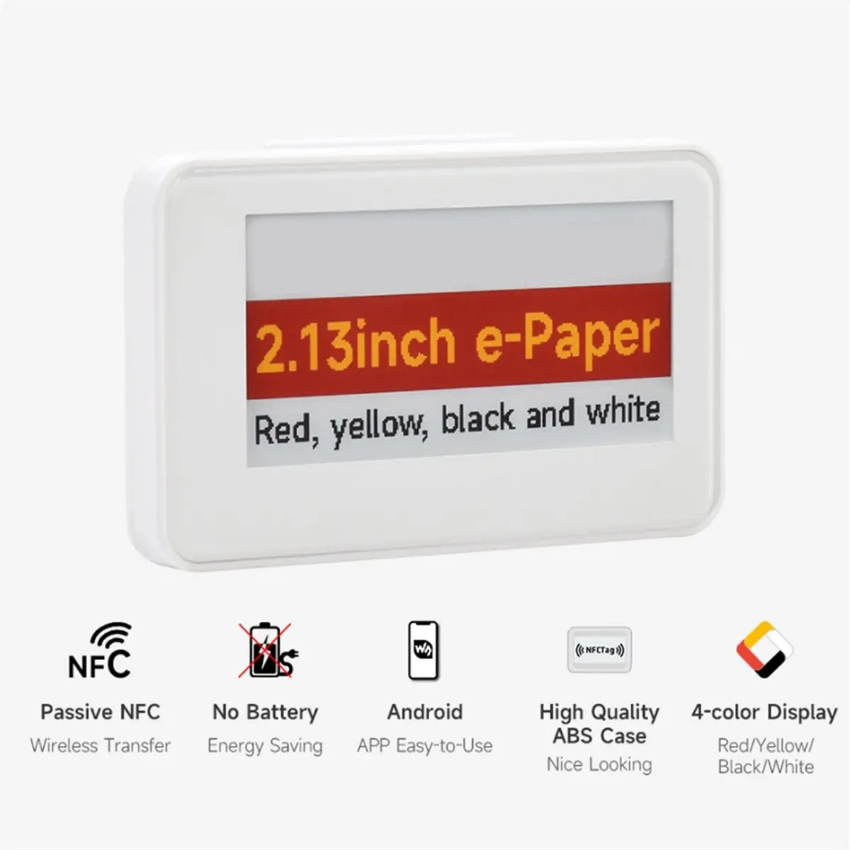 AA86 2.13inch NFC-Powered E-Paper (G), Red/Yellow/Black/White 4-Color Displaying, No Battery, Wireless Powering Data Transfer
