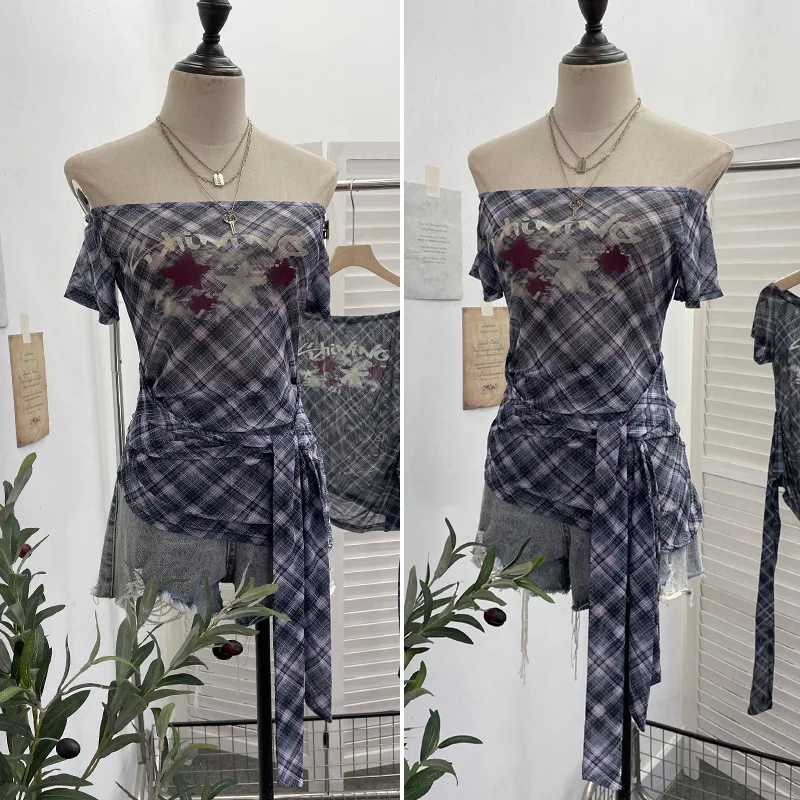 Women Vintage Plaid Mesh Short Sleeve Shirt Sexy One Shoulder Backless Irregular Ribbon Y2K Short Top Partyclub Streetwear 1237