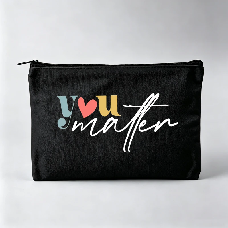 Women's Typography Print Makeup Bag, Casual Cosmetic Pouch with Handwritten Text Design for Daily Use
