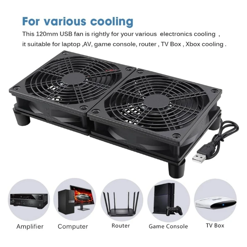 2x120mm USB Fan Two USB 120mm Case Fan Double 12cm PC Fan 240 mm Computer Fan with 3 Adjustable Speeds for Router