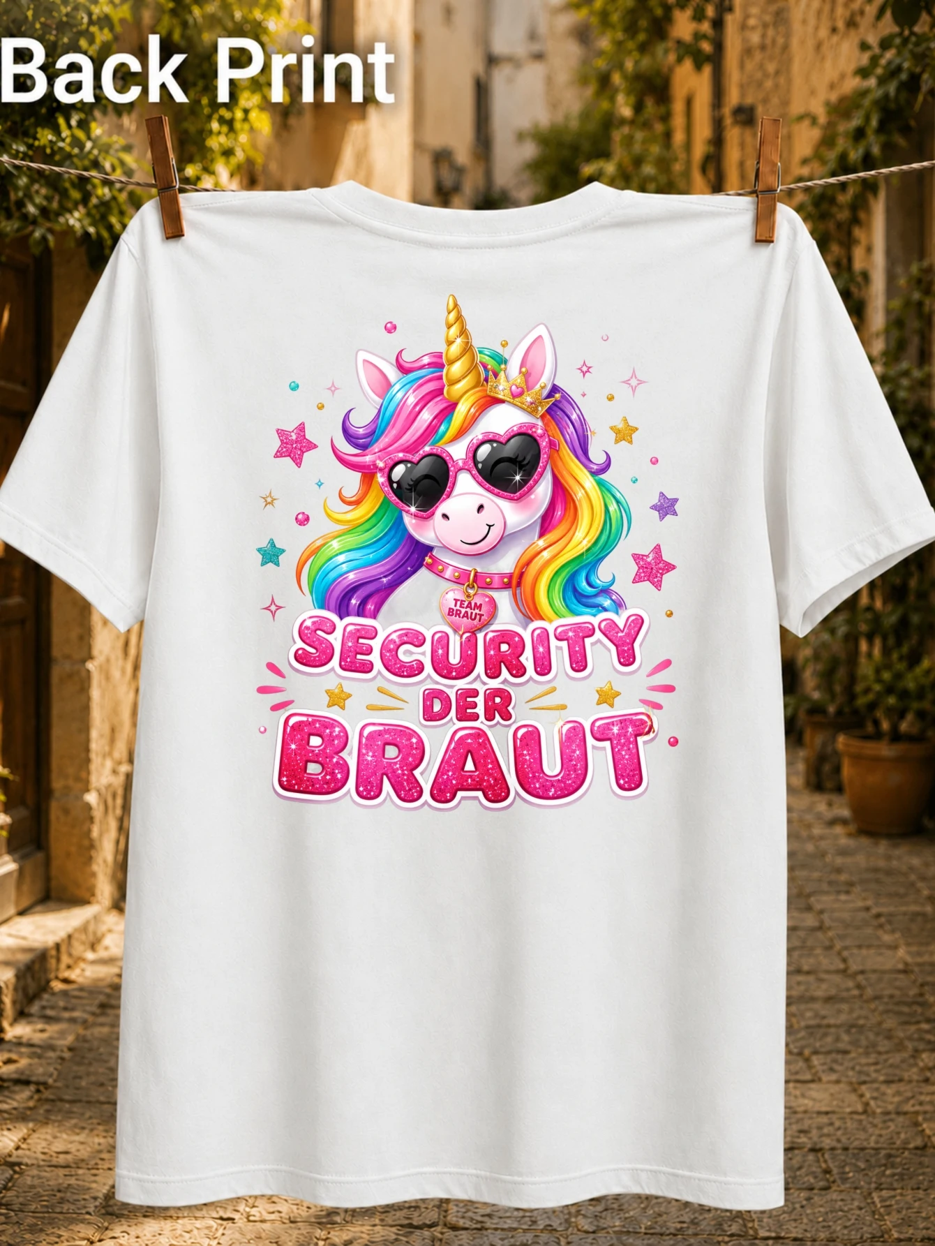 Camiseta unisex de la colección Security Der Braut con diseño de unicornio arcoíris en forma de corazón y corona pequeña, con estrellas rosas con purpurina y detalles de boda.