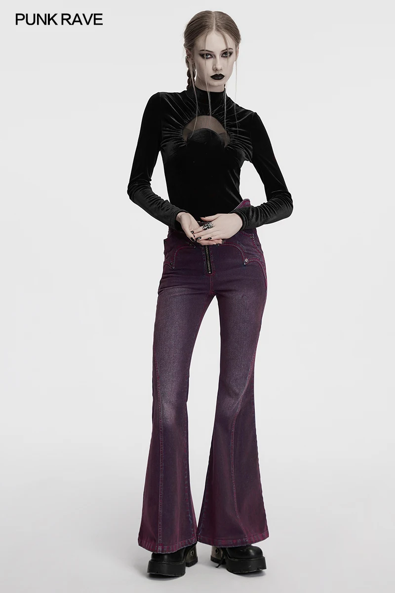 

PUNK RAVE Women's Crescent Hollowed Print T-shirt Stand Up Collar Sexy Perspective Elastic Velvet Personality Female Tops Tees