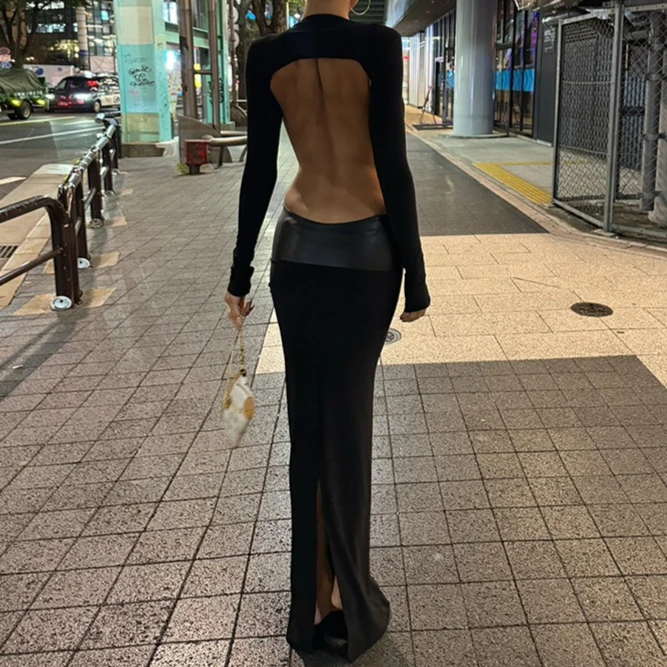 Sukienka maxi z wycięciami Foamlina Fashion, czarna, seksowna, z głębokim dekoltem w serek, długim rękawem, odkrytymi plecami, dopasowana, na wieczorne przyjęcia, vestido.