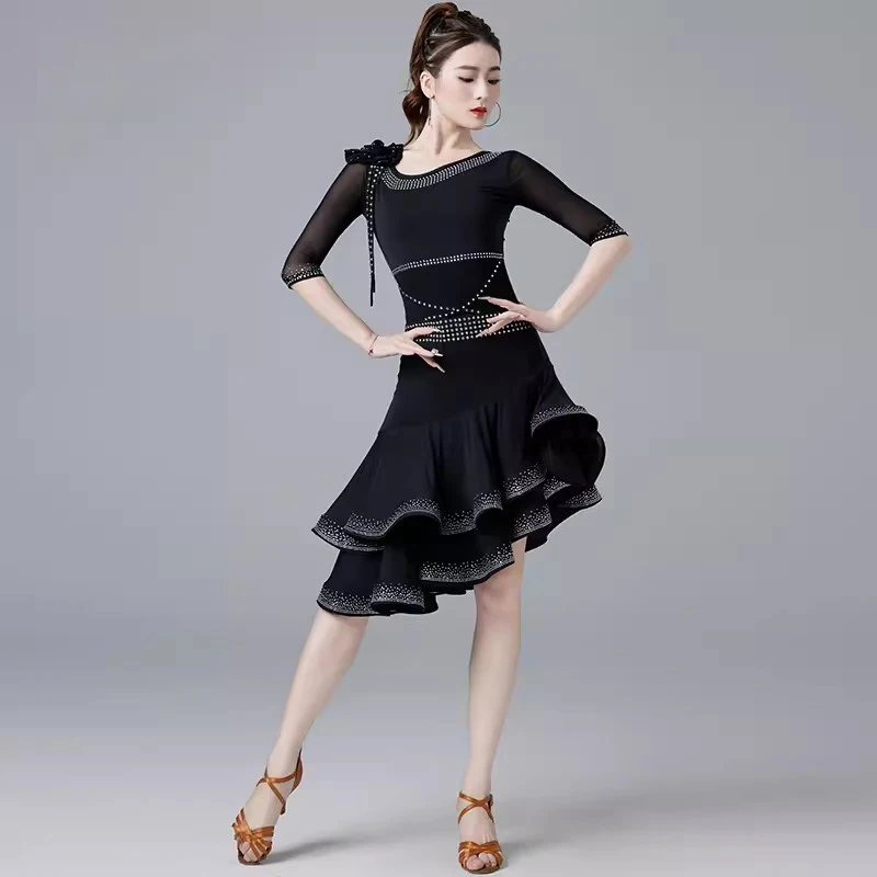 

Women Group Dance Ballroom Samba Costume Irregular skirt Party Dress Mesh Stretchy Latin Dance Competition Fringes Dresses